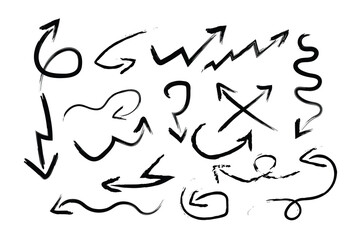 Black charcoal arrows strokes different forms. arrow Brush elements. A collection of arrows in n brush stroke style. set of chalk pencil, brush stroke arrows. vector.