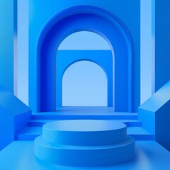 Multiple blue geometric archways and stairs, giving a sense of depth and a modern aesthetic.