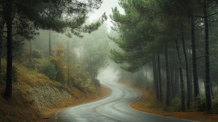 Obraz premium Mystical Morning Drive: Serene Winding Road in Dense Pine Forest with Enchanting Mist
