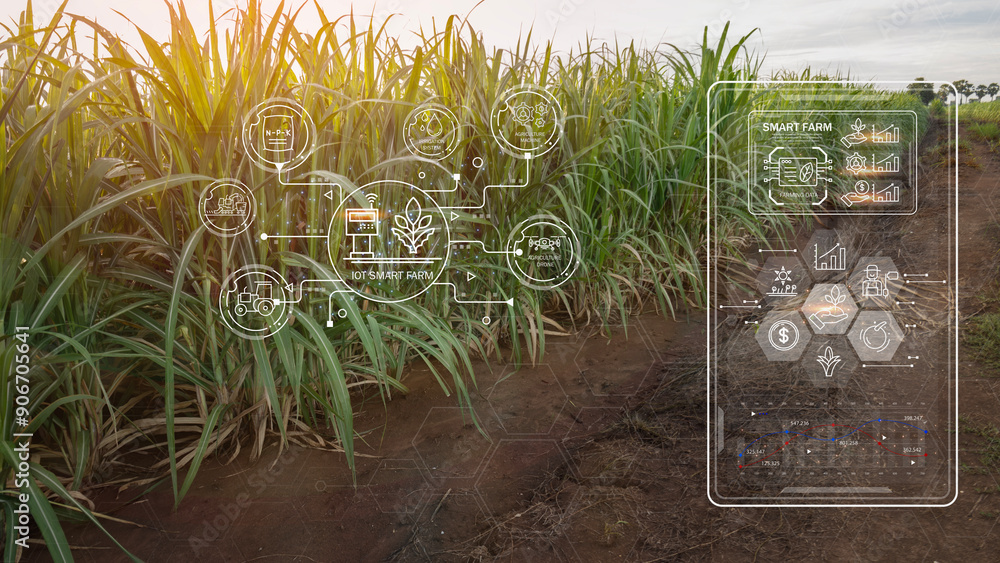 Poster sugarcane field of grass with a digital screen showing a diagram of the flow of energy