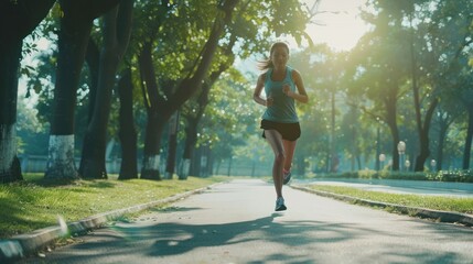 Fototapeta premium Running girl jogger exercising in city park Healthy city life concept run fast run slow