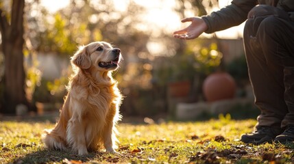 A joyful dog eagerly learns a new trick from its owner in a sunny backyard The dog sits attentively, focusing on the owner's hand gestures and cues This scene captures the bond between pet and owner