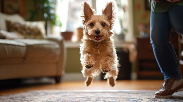 A young dog enthusiastically follows a command from its owner in a cozy living room setting The dog is in mid-action, showcasing its agility and eagerness to learn This indoor scene highlights the
