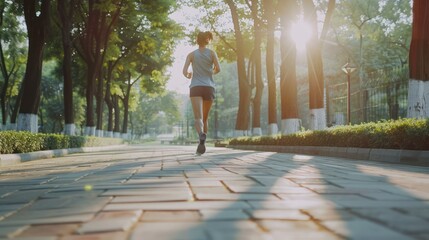 Running girl jogger exercising in city park Healthy city life concept run fast run slow
