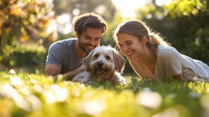 Fototapeta premium A young couple teaching their dog to roll over in a lush garden The dog enthusiastically follows the command, rolling on the grass with joy The couple's smiles and the dog's playful energy create a