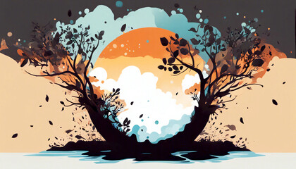 Herbst Impressionen. Landschaft mit Bäumen und Sonnenuntergang.  In flachem Design eine abstrakte Grafik für soziale Medien, Logo, Icon u. s. w.