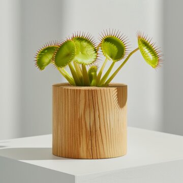 Medium shot of a Venus flytrap in the pot, isolated on a solid light pastel white background