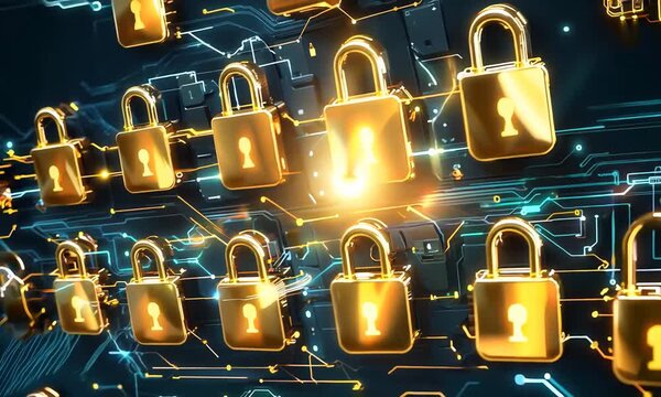 Rows of digital gold locks securing a high-tech network, representing advanced cybersecurity measures and data protection
