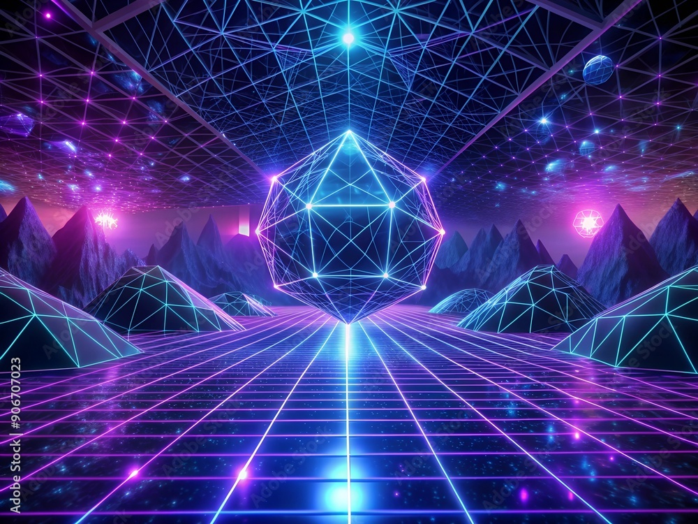 Aufkleber abstract polygonal space background with neon lights, 3d rendering