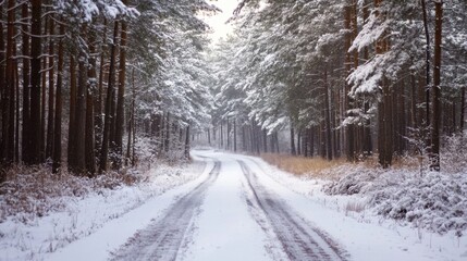 Obraz premium Tranquil Snow-Covered Road Through Enchanting Pine Forest - Serene Winter Wonderland Landscape