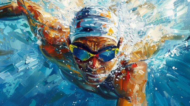 Close-up image of a swimmers face, captured in a dynamic stroke, with splashes of water creating a colorful abstract background