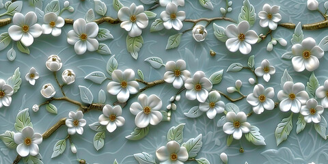 Seamless 3D White Cherry Blossom Flowers in Branches on a Light Background. Abstract Floral 3D Landscape Wall Sticker. Hd Seamless Magnolia, Frangipani, Rose Flower Wallpaper.