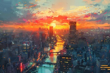 Fototapeta premium Cityscape at Sunset with River and Bright Colors