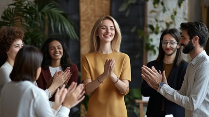 Fototapeta premium A group of various happy business people applauding a female speaker standing in a circle in a conference room.