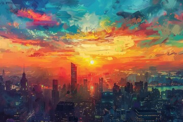 Obraz premium Cityscape at Sunset with Abstract Sky
