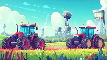 Obraz premium Bright and lively cartoon of agricultural robots and futuristic tractors, showcasing transformation in farming, with a designated text area.