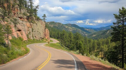 Fototapeta premium Serpentine Journey: Curvy Mountain Road in Pine Forest - Adventure and Exploration Concept