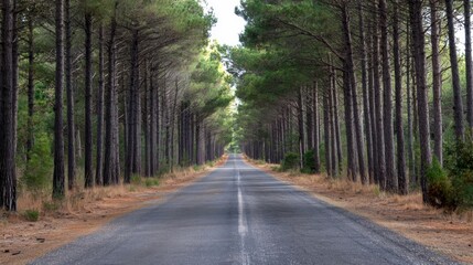Naklejka premium Serene Isolation: Empty Road Surrounded by Towering Pine Trees