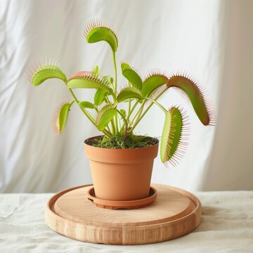Medium shot of a Venus flytrap in the pot, isolated on a solid light pastel white background