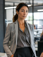 Fototapeta premium Senior Argentine businesswoman wearing grey blouse with a black skirt and a tailored blazer posing in minimalistic modern office