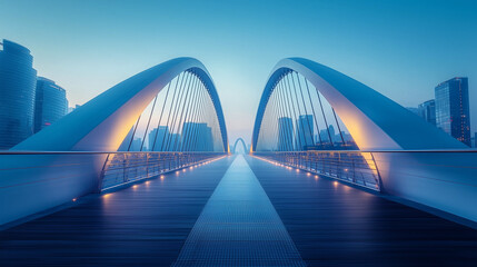 Modern bridge featuring elegant arches and lighting, city backdrop, wide-angle view.
