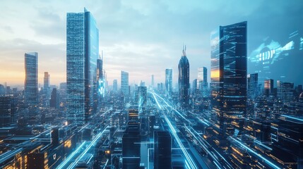 Obraz premium Futuristic city skyline with advanced transportation systems, text area for urban planning concepts