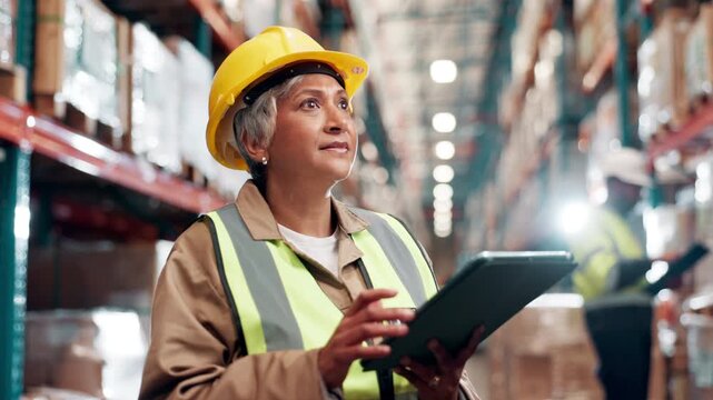 Inspection, stock and mature woman with tablet in warehouse for commercial shipping or distribution. Delivery, ecommerce and supply chain with logistics manager in helmet for backlog or online order