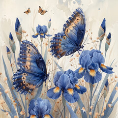 Butterflies and irises beauty in nature with copy space for travel and art enthusiasts. Made with generative ai
