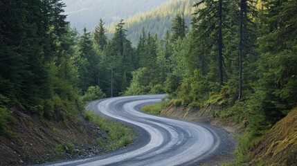 Fototapeta premium Serpentine Journey: Curvy Mountain Road Meandering Through Pine Forest for Adventure and Exploration