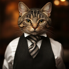 a cat as a bartender in a suit and white shirt