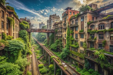 Abandoned cityscape with overgrown vegetation, peeling paint, and rusty infrastructure, evoking a sense of forgotten grandeur and melancholic beauty in urban landscape.