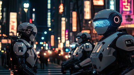 Fototapeta premium Robot police interacting with citizens in a tech-driven city, text area for public safety