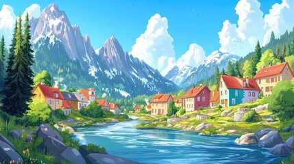 Scenic cartoon of a European countryside with vibrant houses, a flowing river, and towering mountains, all under a clear blue sky.