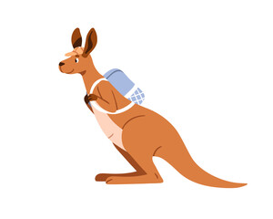 Cute kangaroo traveling with backpack. Funny tourist, Australian marsupial hiking. Mammal character traveler in adventure, journey. Kids flat vector illustration isolated on white background