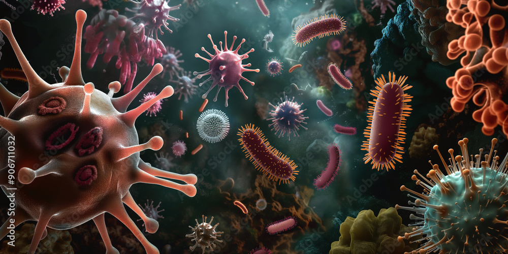 Poster an illustration of various viruses and bacteria floating in a dark background, showcasing their uniq