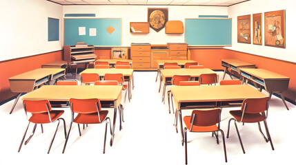 empty elementary school classroom isolated on white background, vintage, png