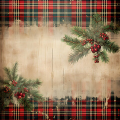 Vintage Christmas tartan background with red and green plaid and aged paper texture. The festive design is adorned with pine branches and red berries, evoking a nostalgic holiday charm, junk journal
