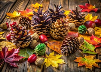 Fototapeta premium Vibrant autumnal still life of pine cones, colorful leaves, and natural materials arranged artfully on a wooden table, evoking cozy fall creativity and outdoorsy charm.