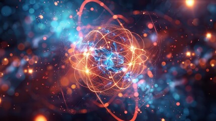 Obraz premium Atomic subatomic particles, quantum interactions, front view, particle behavior, digital tone, vivid color scheme, uhd, copy space for text,