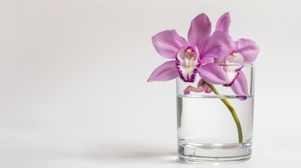 Isolated purple orchid flower in a glass on white backdrop