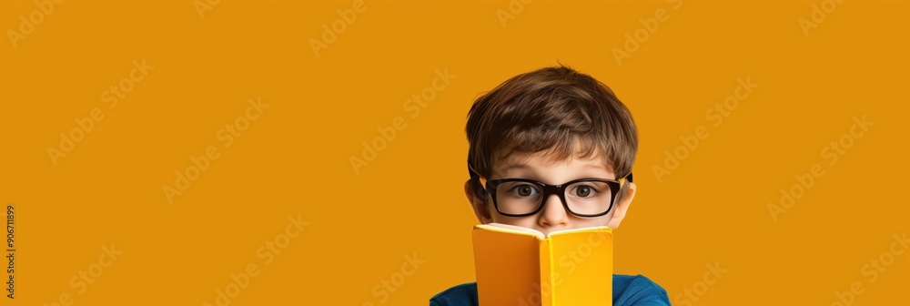 Wall mural boy with glasses reading a book on yellow background banner with space for your text, school concept