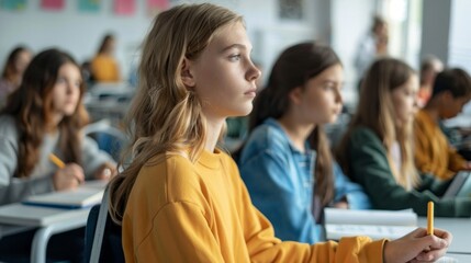 Fototapeta premium A girl in a yellow shirt is sitting in a classroom with other students