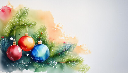 Watercolor Christmas Ornaments and Pine Branches