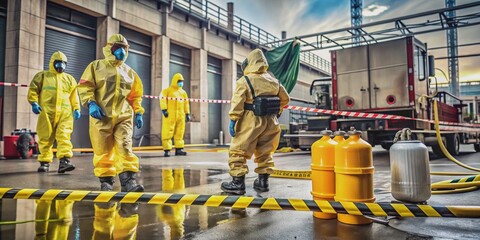 Emergency responders' equipment and vehicles surround caution tape, hazmat signs, and spilled chemicals, amidst a chaotic industrial setting, capturing the initial response to a disaster.