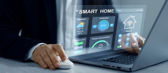 Business person using digital dashboard of smart home app for control home appliances. Technology assistant for smart devices,intelligent house or smart home technology.