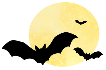 clipart illustration of a group of bats flying The background is a large moon. halloween festival. Bat clipart, bat shadow