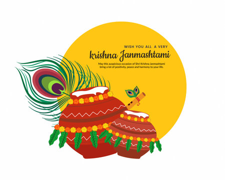 happy krishna janmashtami festival of india with with cream dahi handi mataki