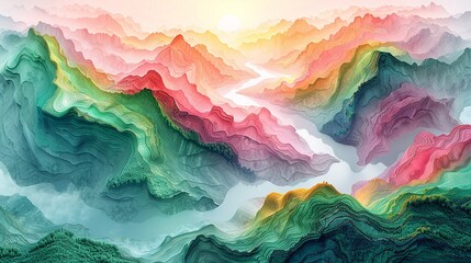 Naklejka premium Stunning aerial abstract background showcasing colorful bodies of water and lush green landscapes in shades of pink, green, and orange, providing a lively and vibrant design. high resolution