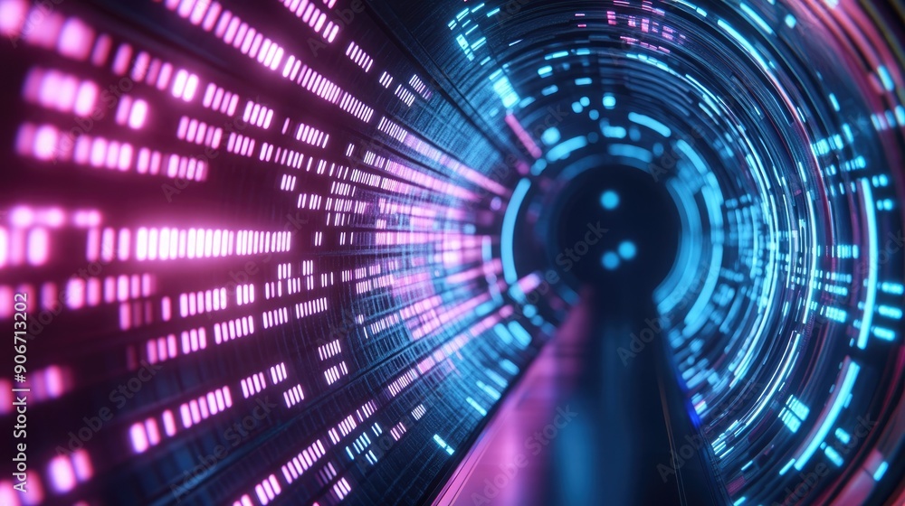 Poster a vibrant digital tunnel featuring dynamic neon lights and abstract patterns, symbolizing technology