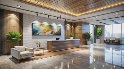 Sleek modern corporate office lobby featuring minimalist decor, large reception desk, and contemporary art installations, exuding professionalism and sophistication in a bright open space.